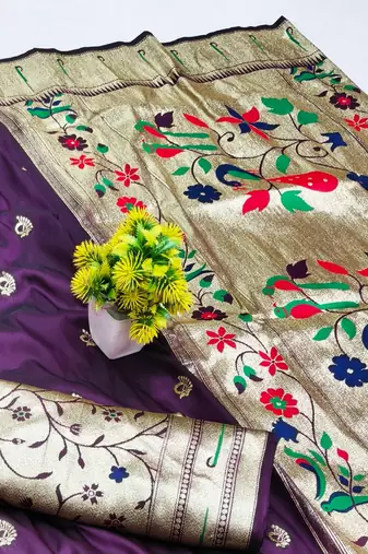 Wine zari woven paithani silk blend saree with blouse piece
