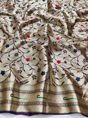 Wine zari woven paithani silk blend saree with blouse piece 4