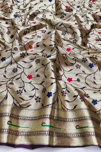 Wine zari woven paithani silk blend saree with blouse piece