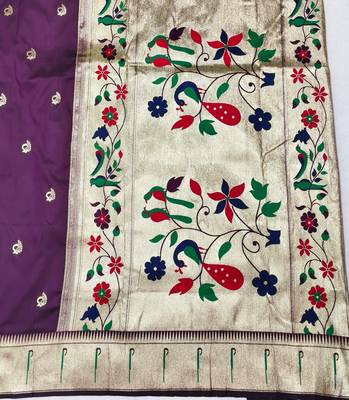 Wine zari woven paithani silk blend saree with blouse piece 5