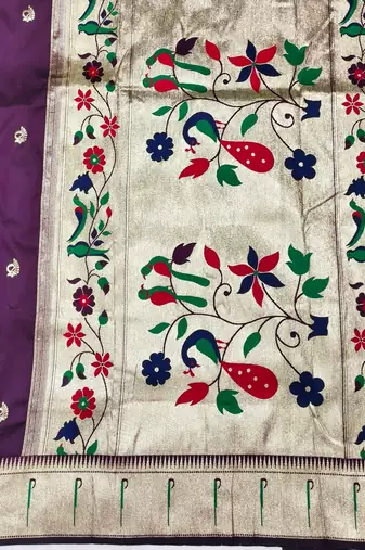 Wine zari woven paithani silk blend saree with blouse piece