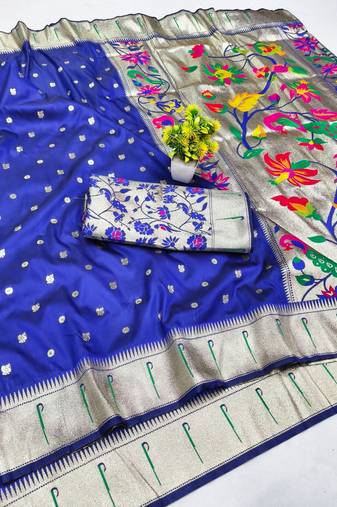 Navy blue zari woven paithani silk blend saree with blouse piece