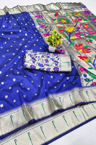Navy blue zari woven paithani silk blend saree with blouse piece