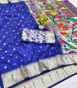 Navy blue zari woven paithani silk blend saree with blouse piece