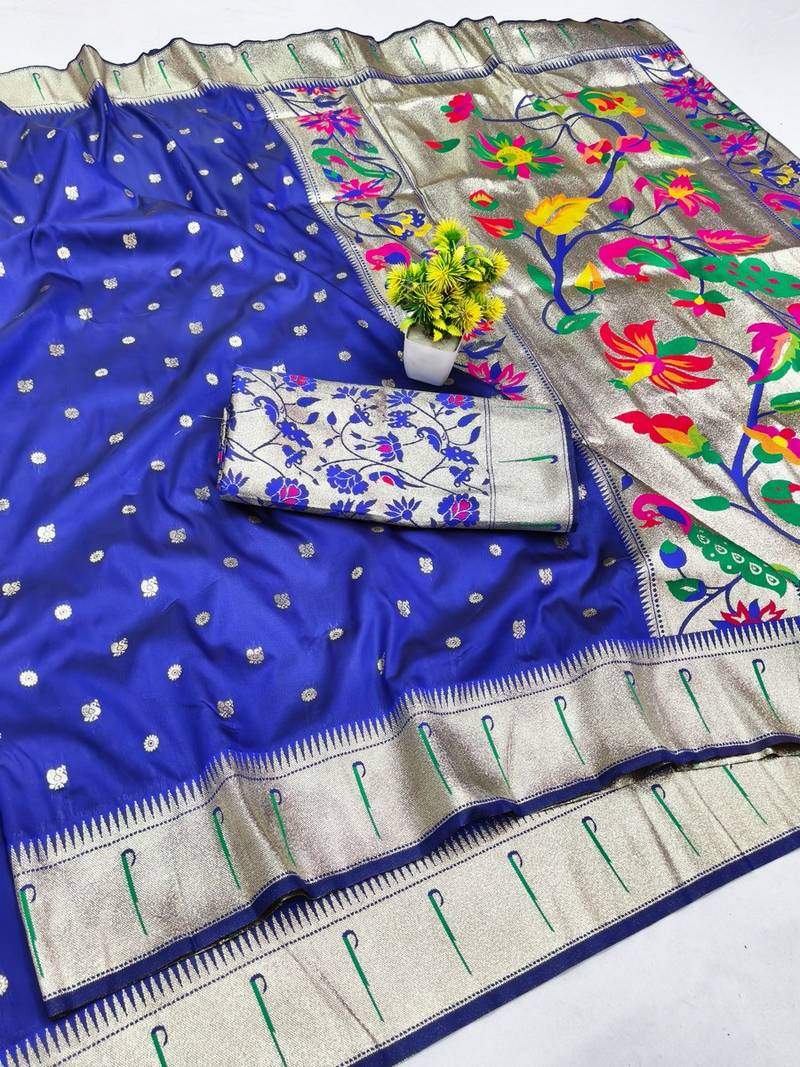 Navy blue zari woven paithani silk blend saree with blouse piece