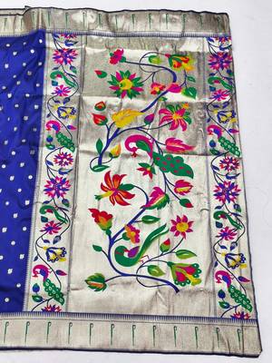 Navy blue zari woven paithani silk blend saree with blouse piece 2