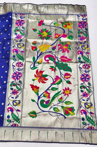 Navy blue zari woven paithani silk blend saree with blouse piece