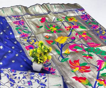 Navy blue zari woven paithani silk blend saree with blouse piece 3