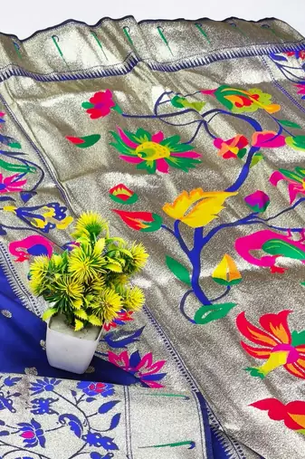 Navy blue zari woven paithani silk blend saree with blouse piece