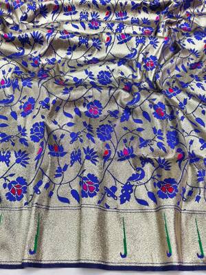 Navy blue zari woven paithani silk blend saree with blouse piece 4