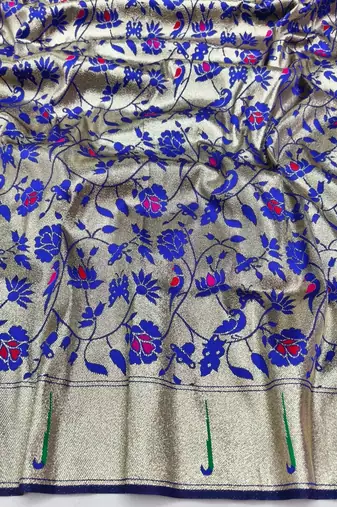 Navy blue zari woven paithani silk blend saree with blouse piece