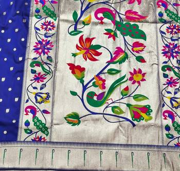 Navy blue zari woven paithani silk blend saree with blouse piece 5
