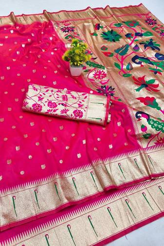 Rani pink zari woven paithani silk blend saree with blouse piece