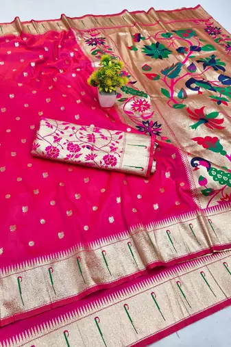 Rani pink zari woven paithani silk blend saree with blouse piece