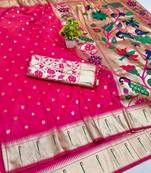 Rani pink zari woven paithani silk blend saree with blouse piece