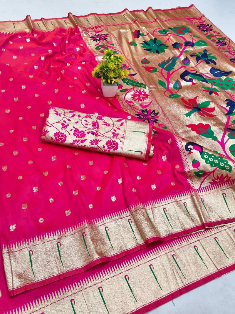 Rani pink zari woven paithani silk blend saree with blouse piece