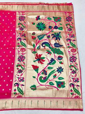 Rani pink zari woven paithani silk blend saree with blouse piece 2