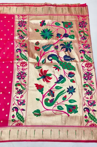 Rani pink zari woven paithani silk blend saree with blouse piece