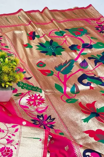 Rani pink zari woven paithani silk blend saree with blouse piece