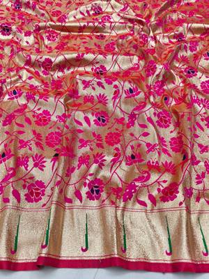 Rani pink zari woven paithani silk blend saree with blouse piece 4
