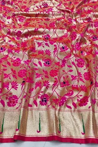 Rani pink zari woven paithani silk blend saree with blouse piece