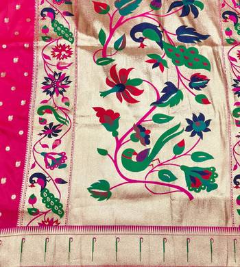 Rani pink zari woven paithani silk blend saree with blouse piece 5