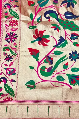 Rani pink zari woven paithani silk blend saree with blouse piece