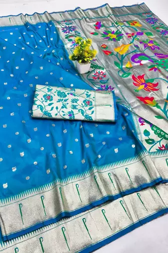 Blue zari woven paithani silk blend saree with blouse piece