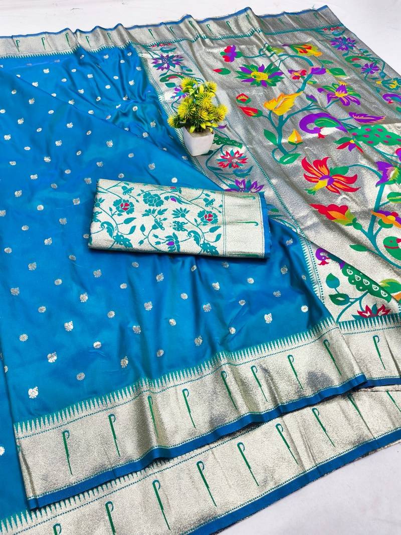 Blue zari woven paithani silk blend saree with blouse piece