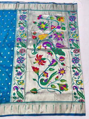 Blue zari woven paithani silk blend saree with blouse piece 2
