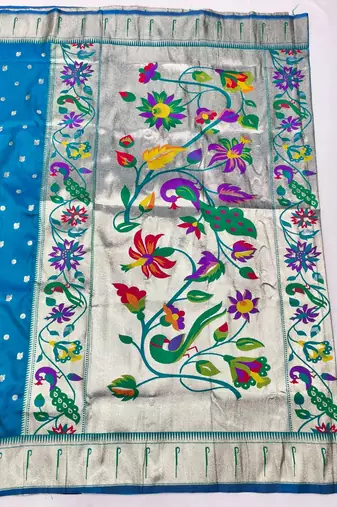 Blue zari woven paithani silk blend saree with blouse piece