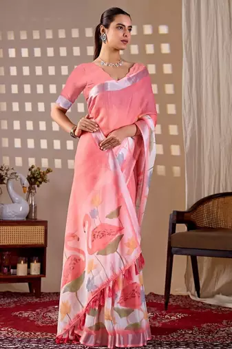 Elegant Pink Floral Print Linen Saree