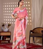 Elegant Pink Floral Print Linen Saree