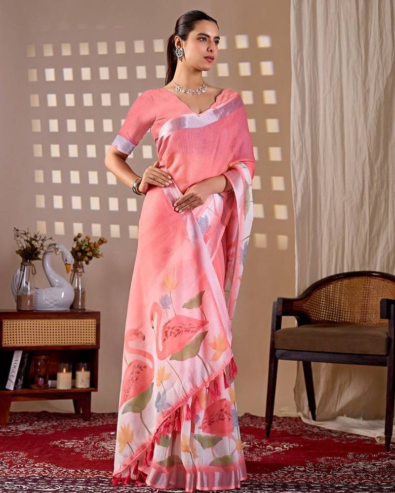 Elegant Pink Floral Print Linen Saree