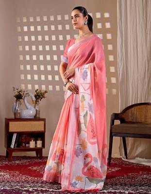 Elegant Pink Floral Print Linen Saree 2