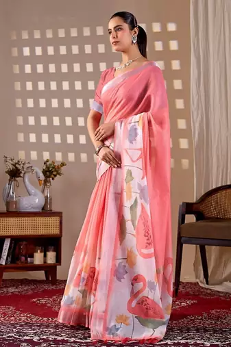 Elegant Pink Floral Print Linen Saree