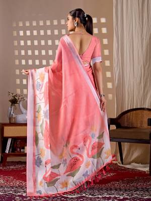 Elegant Pink Floral Print Linen Saree 3