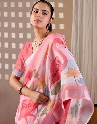 Elegant Pink Floral Print Linen Saree 4