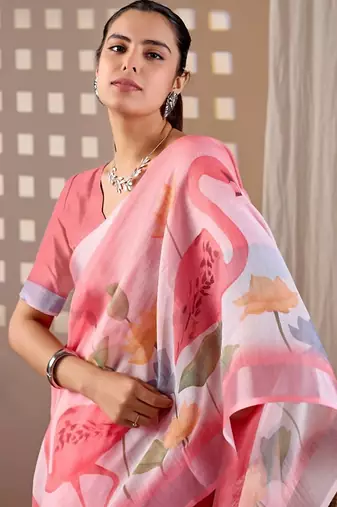 Elegant Pink Floral Print Linen Saree