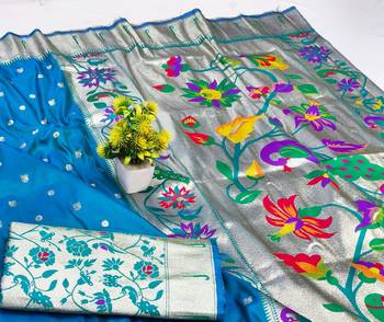 Blue zari woven paithani silk blend saree with blouse piece 3