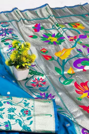 Blue zari woven paithani silk blend saree with blouse piece