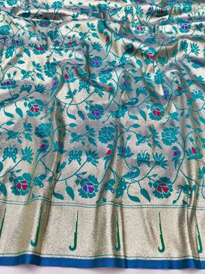 Blue zari woven paithani silk blend saree with blouse piece 4