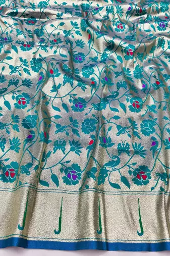Blue zari woven paithani silk blend saree with blouse piece
