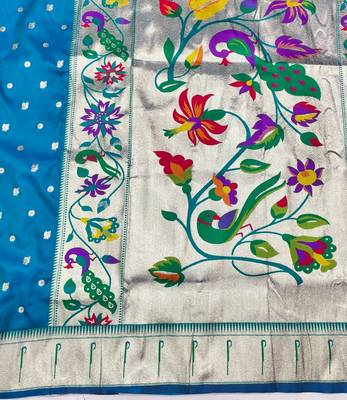Blue zari woven paithani silk blend saree with blouse piece 5