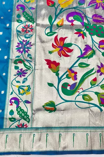 Blue zari woven paithani silk blend saree with blouse piece