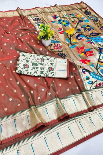 Mehendi zari woven paithani silk blend saree with blouse piece
