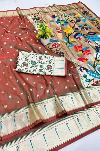 Mehendi zari woven paithani silk blend saree with blouse piece