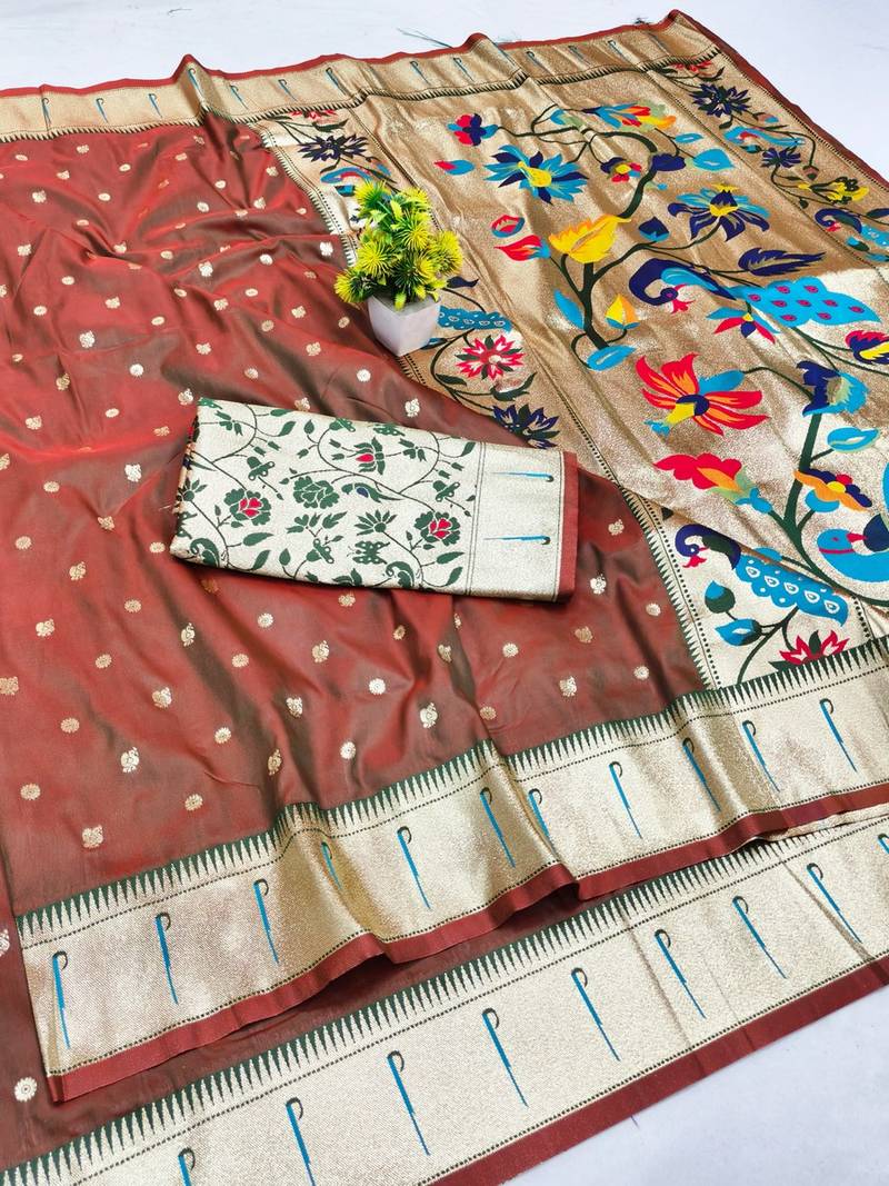 Mehendi zari woven paithani silk blend saree with blouse piece