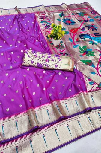 Purple zari woven paithani silk blend saree with blouse piece