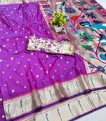 Purple zari woven paithani silk blend saree with blouse piece